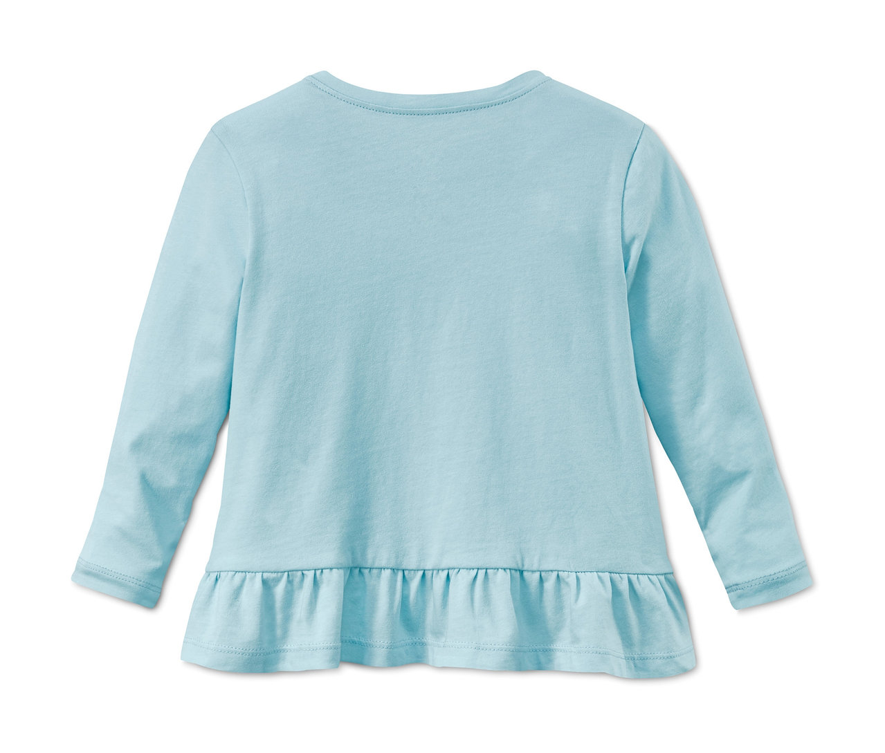 Un t-shirt à manches longues bleu clair en coton bio avec un ourlet à volants.
