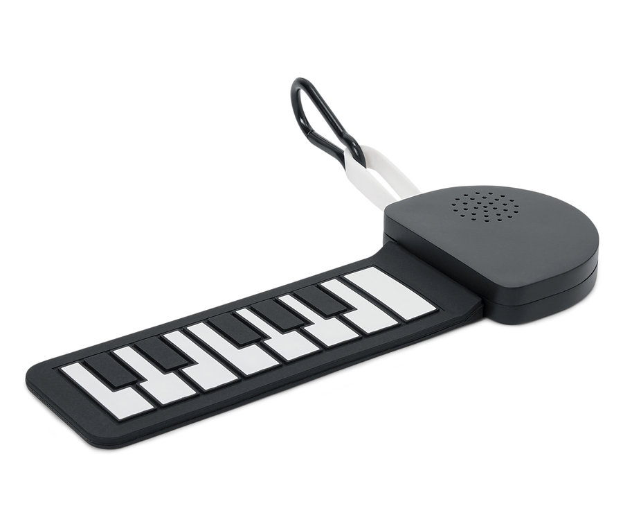 Un piano enroulable noir avec des touches blanches.