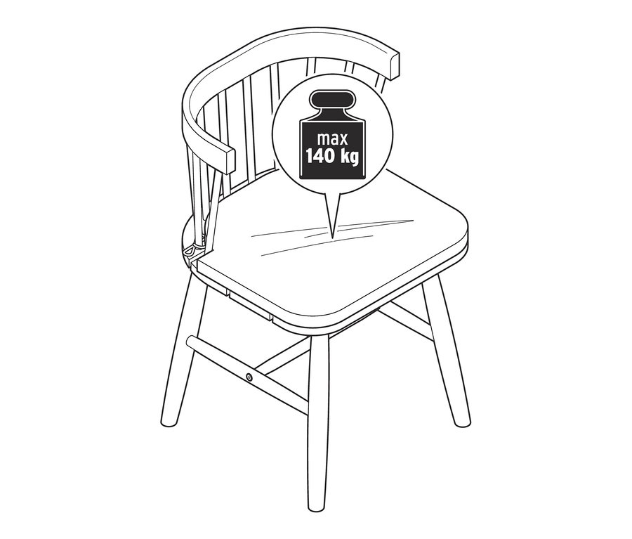 Illustration d'une chaise de salle à manger avec coussin d'assise et la mention max. 140 kg.