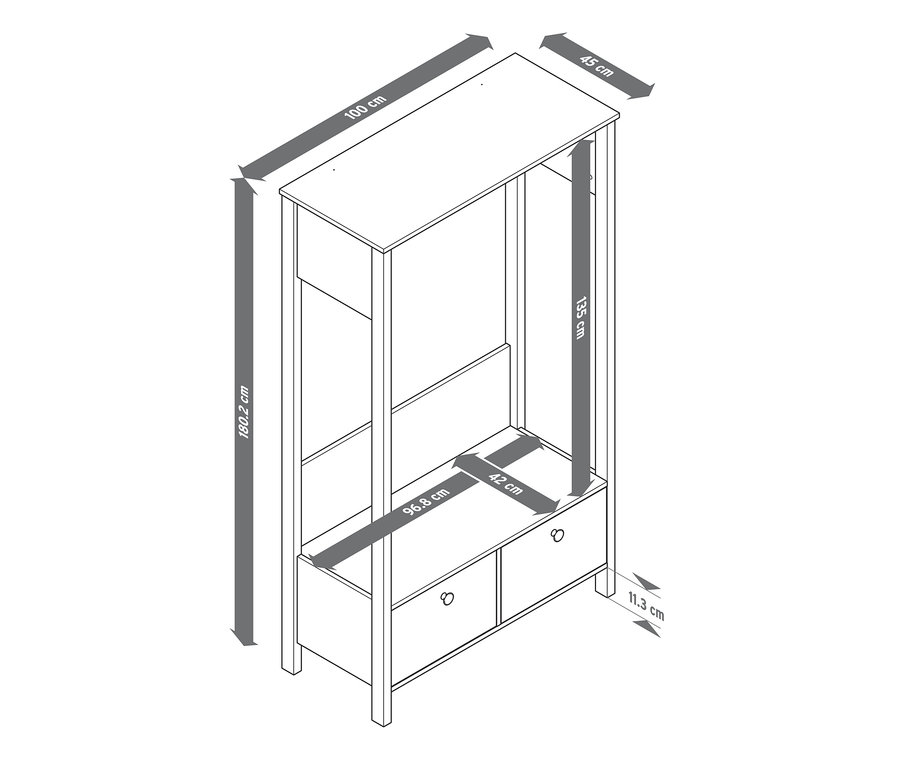 Schéma d'une penderie avec de grands tiroirs et indications de taille.