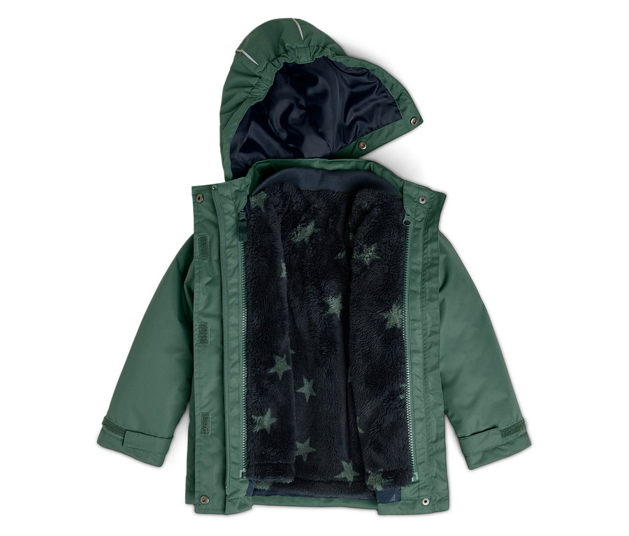 Veste verte ouverte à capuche avec doublure bleu foncé à étoiles vertes.