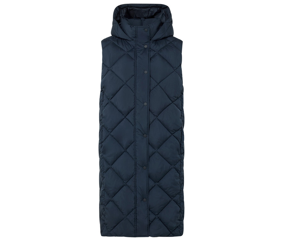 Un gilet matelassé bleu marine avec capuche et fermeture boutonnée.