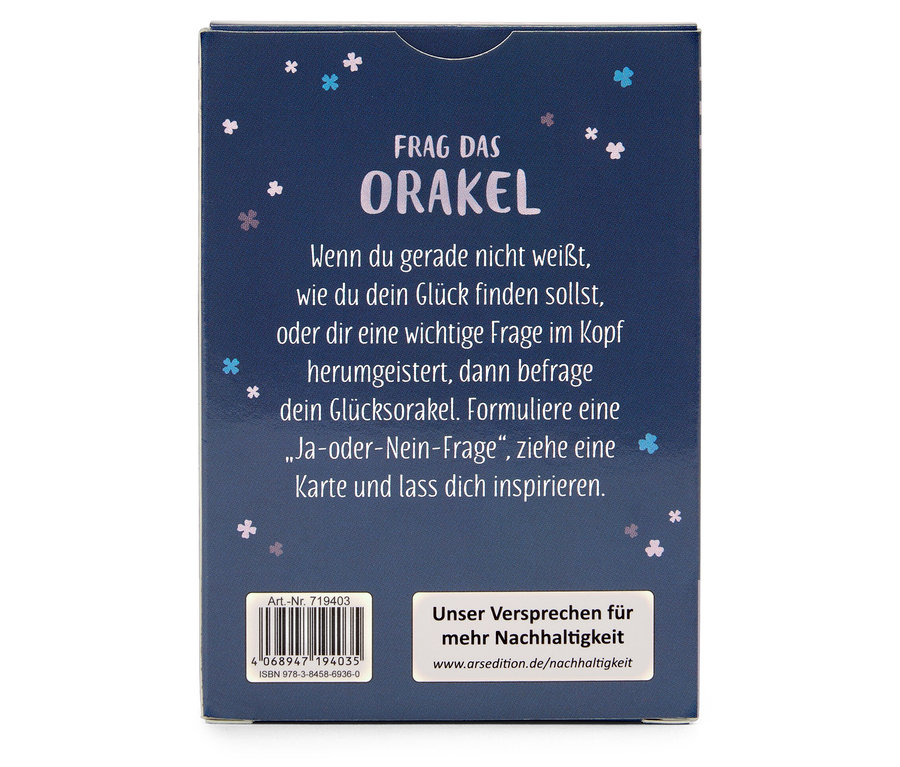 Une boîte d'un jeu de cartes intitulé « FRAG DAS ORAKEL » avec du texte en allemand.
