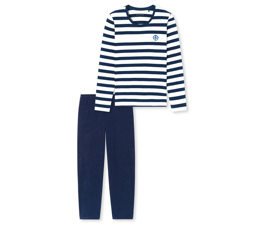 Ensemble de pyjama SCHIESSER composé d'un haut rayé bleu et blanc et d'un pantalon bleu marine.