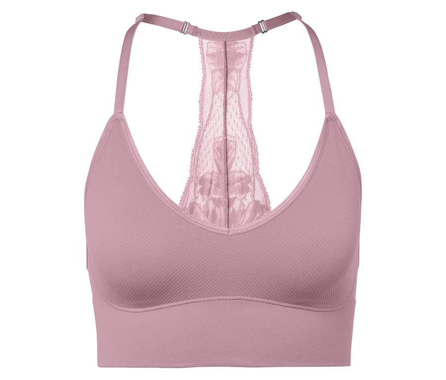 Gros plan d'un soutien-gorge de sport violet avec dos en dentelle.