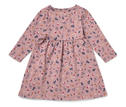 Robe rose à manches longues pour enfants avec un imprimé de fruits des bois et de champignons.