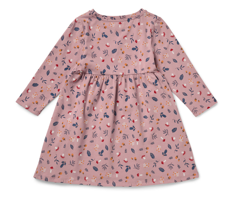 Robe rose à manches longues pour enfants avec un imprimé de fruits des bois et de champignons.