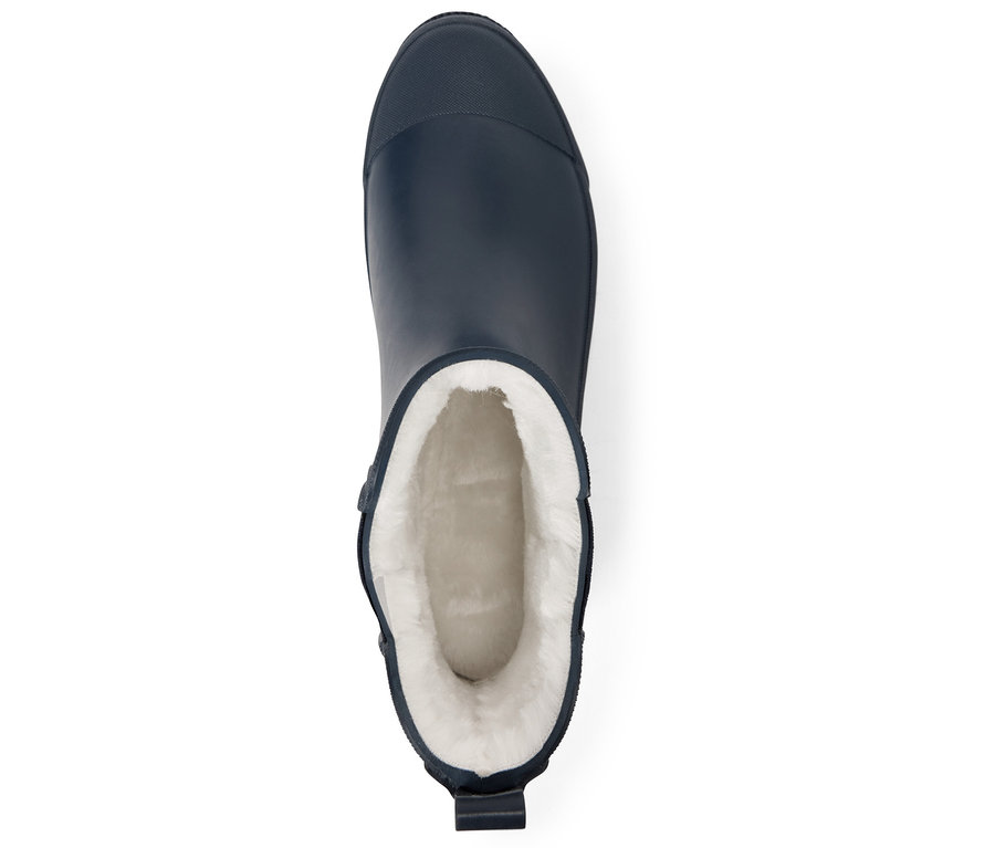 Vue détaillée du dessus de bottes de pluie Chelsea bleu marine doublées pour enfants.