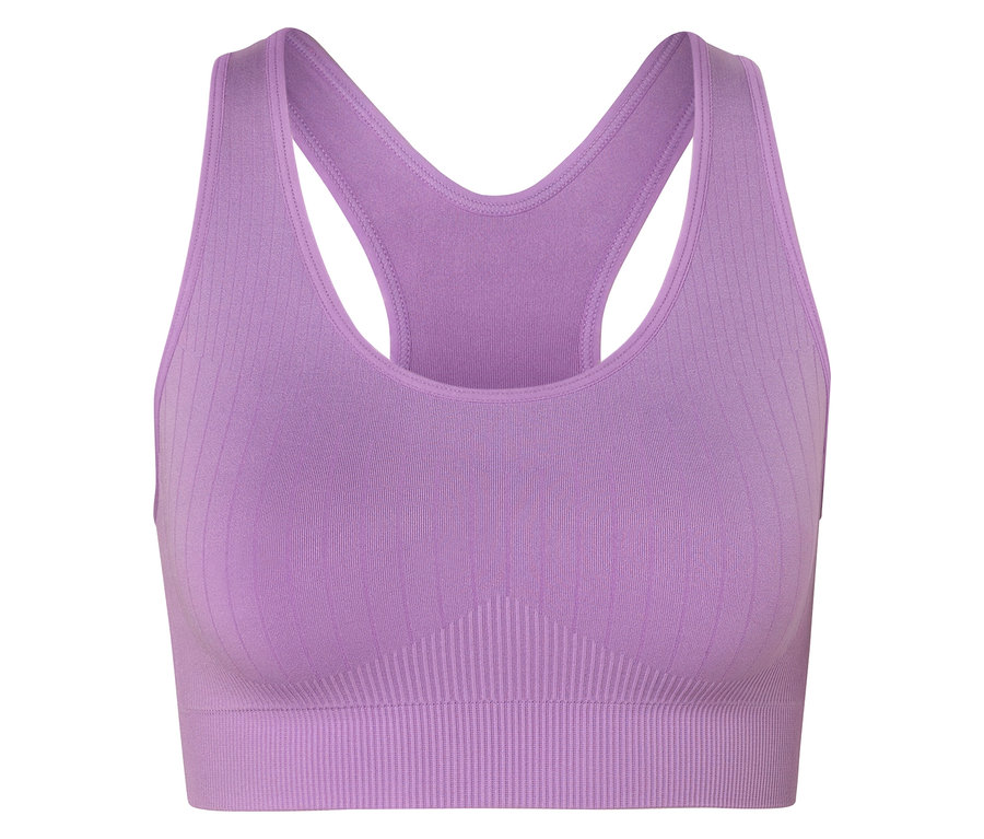 Soutien-gorge de sport violet à dos nageur.