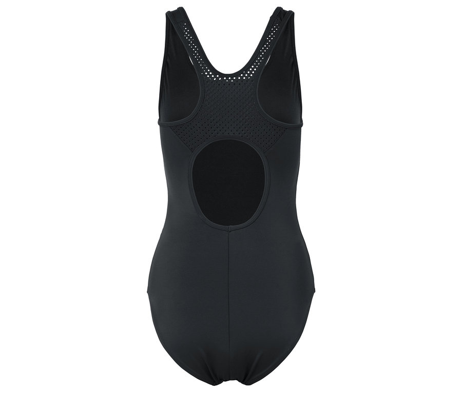 Vue détaillée de l'arrière d'un maillot de bain une pièce noir avec une découpe ronde dans le dos et des détails en maille sur les bretelles.