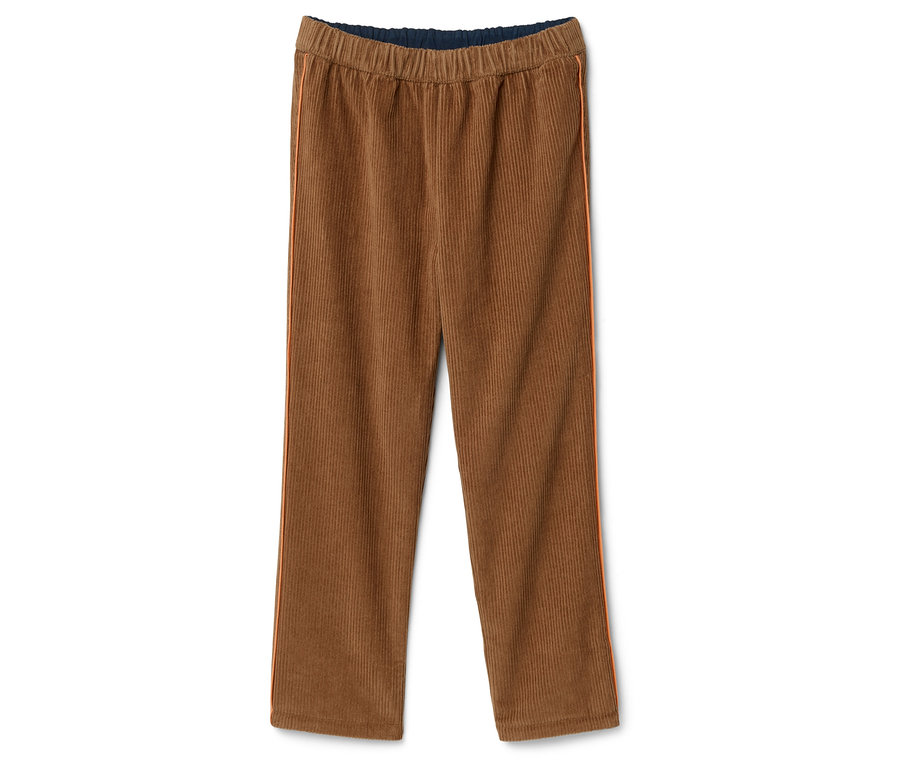 Pantalon marron en velours côtelé avec ceinture élastique et bande rouge sur le côté.