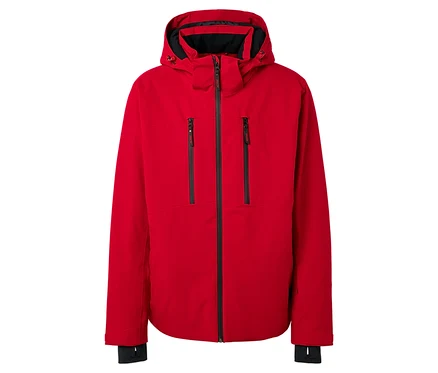 Veste rouge avec capuche et fermetures éclair noires.