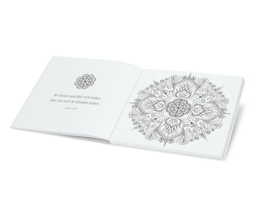 Livre ouvert avec une illustration de mandala et une citation de Marie Curie.
