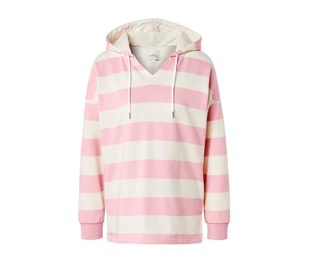 Sweat à capuche à rayures roses et blanches.