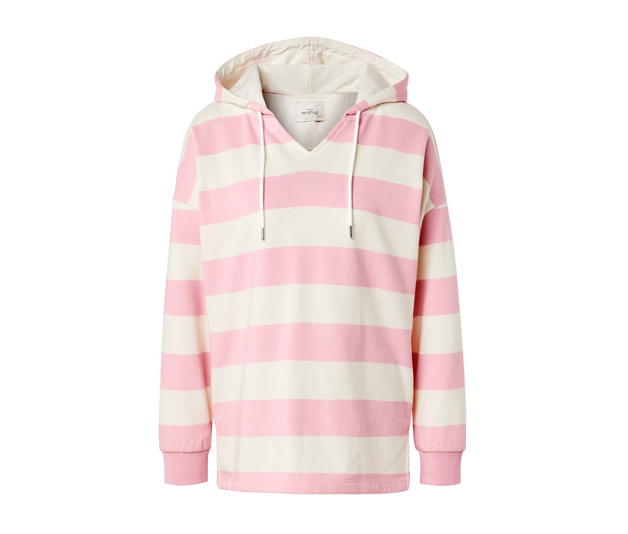 Sweat à capuche à rayures roses et blanches.