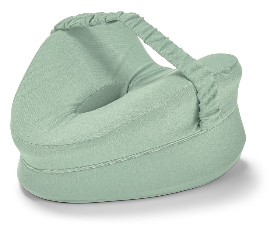 Coussin ergonomique vert d'eau pour genoux pour personnes dormant sur le côté, avec fermeture éclair et poignée.