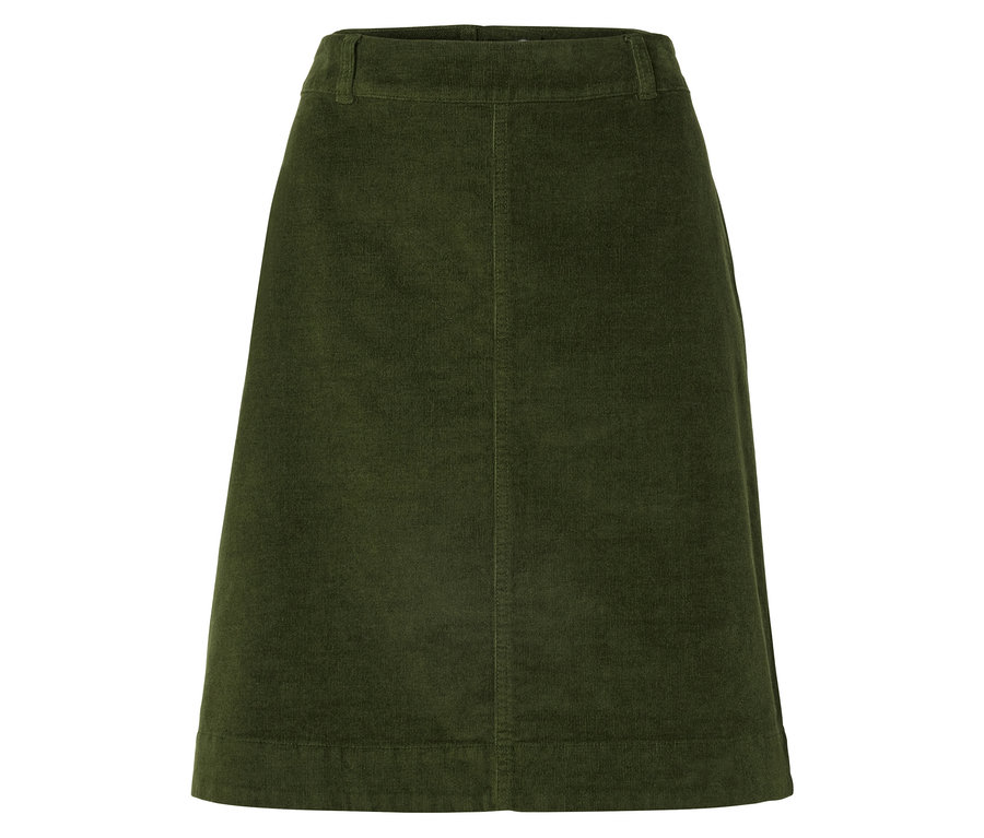 Une jupe trapèze en velours côtelé vert olive sur fond blanc.