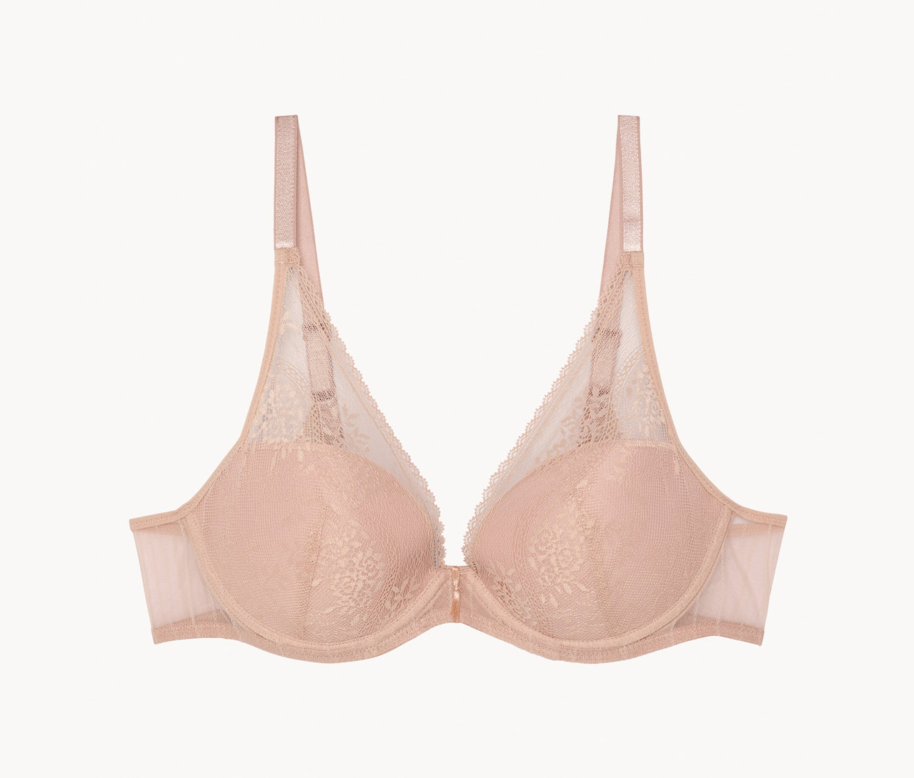 Soutien-gorge beige en dentelle avec armatures et bretelles réglables.