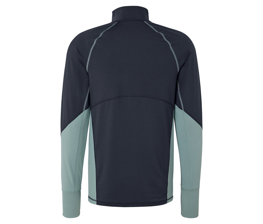 Vue arrière d'une veste à manches longues bleu marine avec des manches bleu clair.