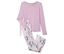 Un haut à manches longues lilas et un pantalon à motifs sont posés sur un fond blanc.