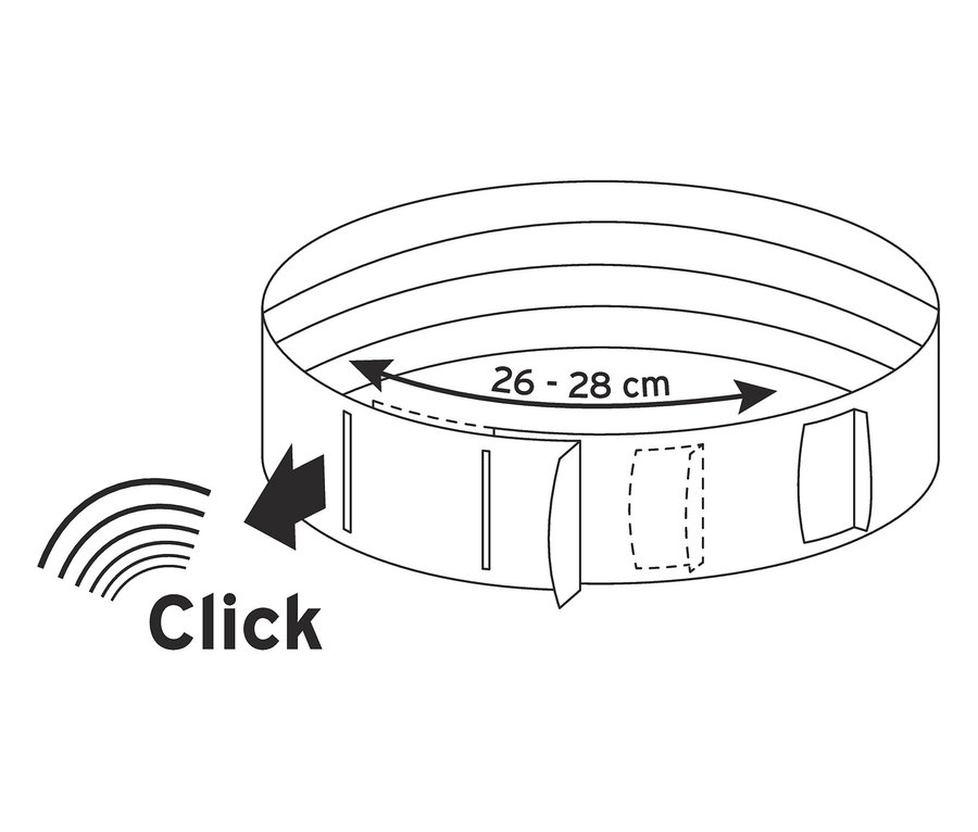 Illustration d'une forme circulaire de 26-28 cm de diamètre avec le mot "Click" et une flèche.