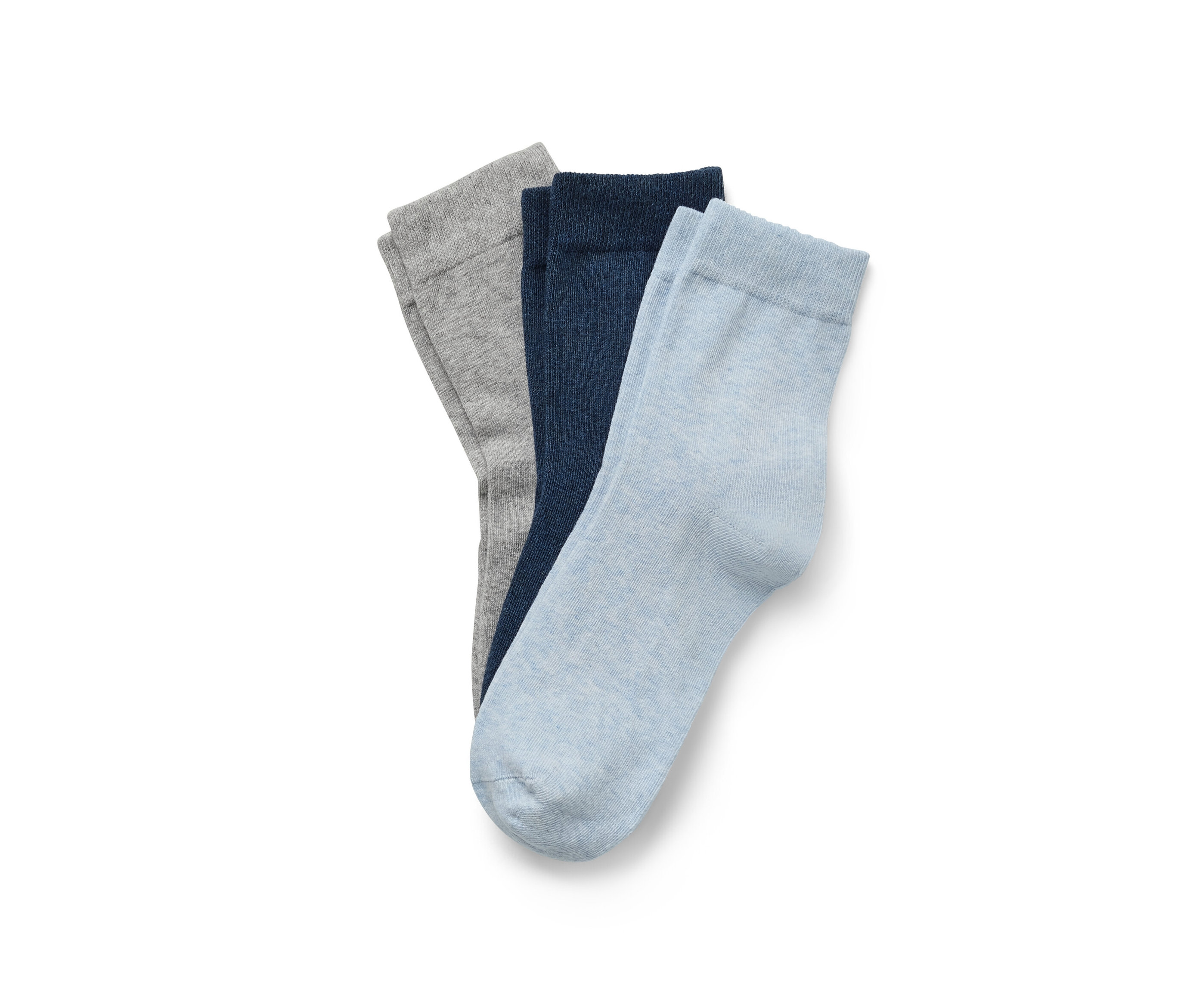Trois paires de chaussettes en gris, bleu marine et bleu clair.