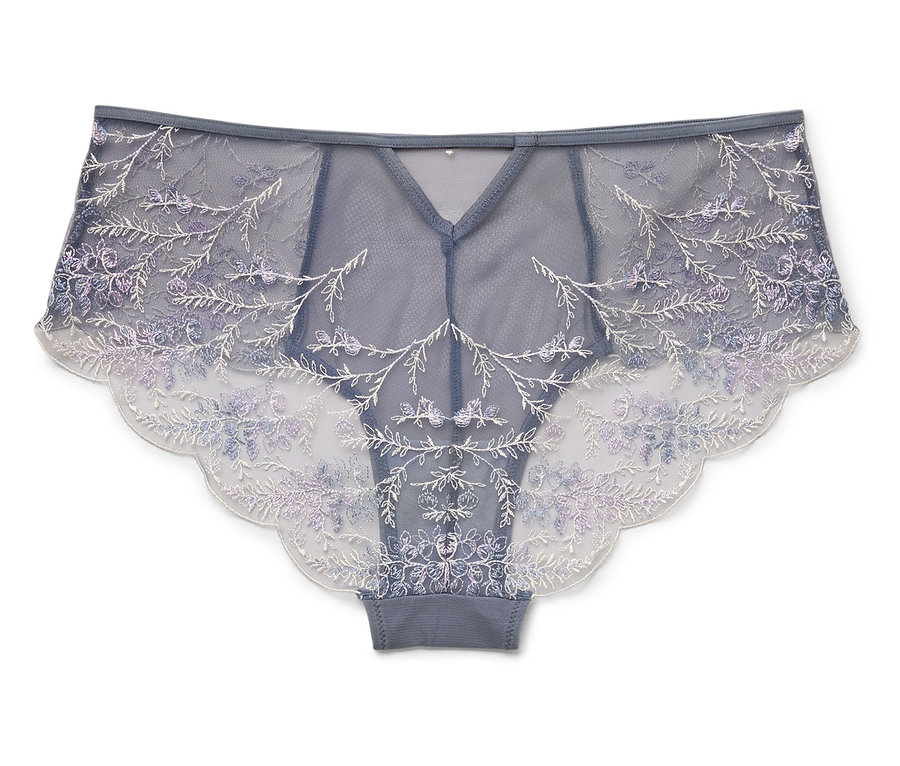 Culotte taille haute grise pour femme avec broderies florales sur fond blanc.