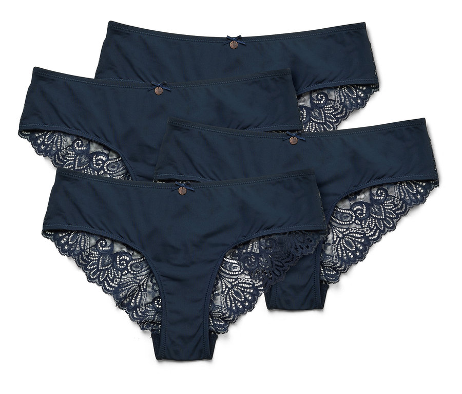 Cinq culottes bleu marine avec bordure en dentelle sont disposées les unes sur les autres.