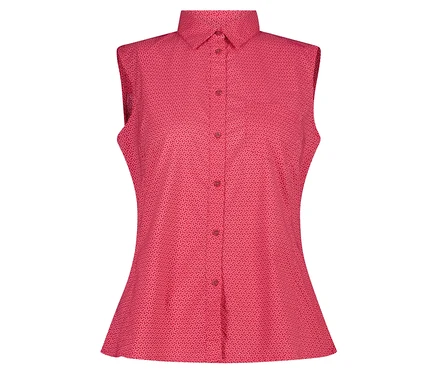 Chemisier rouge sans manches à motifs avec boutons.