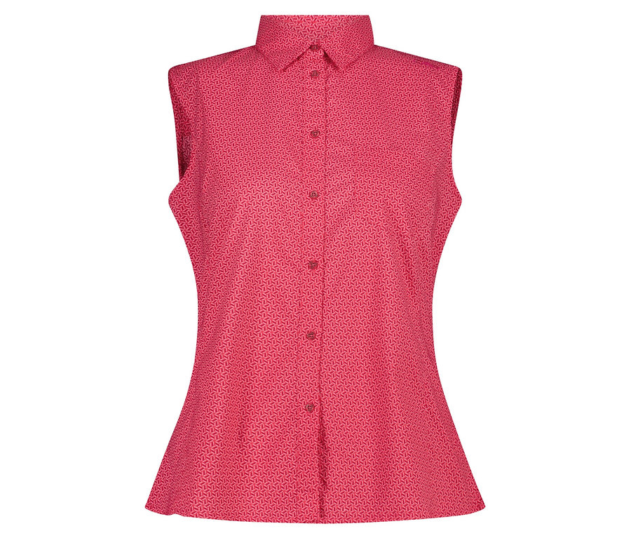 Chemisier rouge sans manches à motifs avec boutons.
