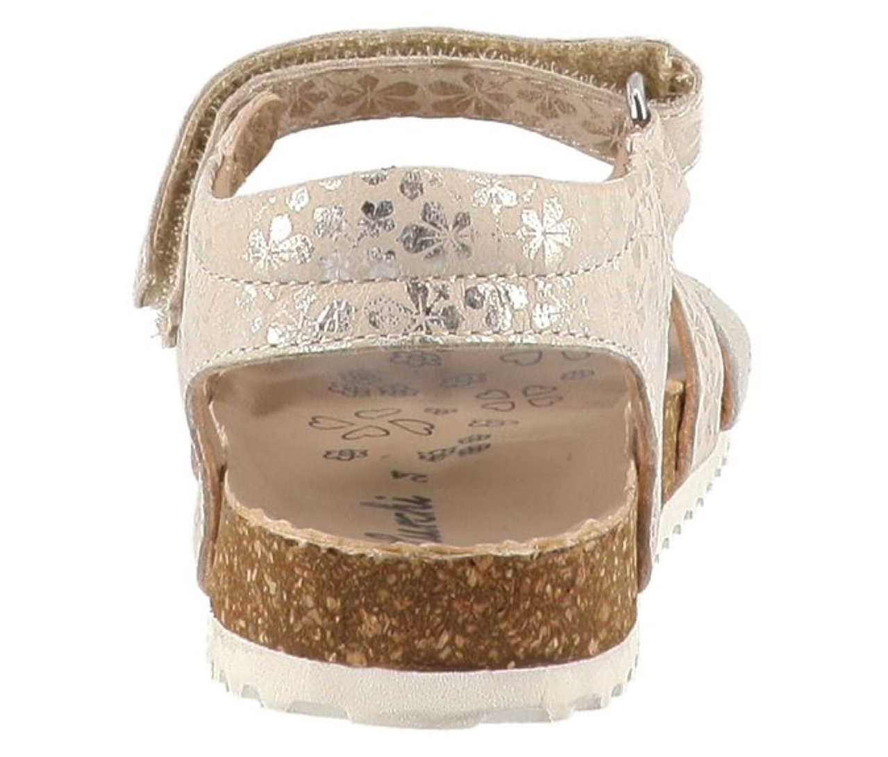 Sandales pour fille LURCHI « Beo », couleur or clair avec motif floral argenté, fermeture auto-agrippante et semelle intérieure en liège, vues de dos et de côté.