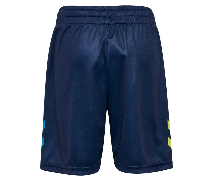 Vue arrière d'un short bleu marine avec des accents bleu clair et jaune.