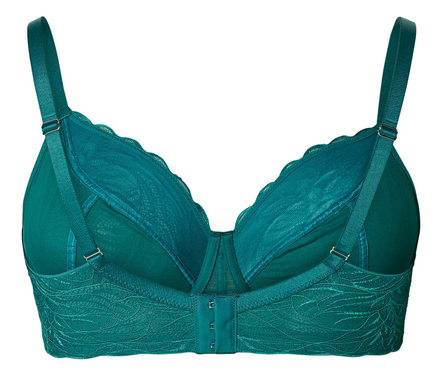 Vue arrière d'un soutien-gorge vert avec bretelles réglables et fermeture à agrafes.