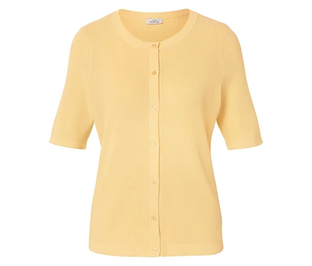 Gilet jaune à manches courtes avec boutons sur le devant et encolure ras du cou.