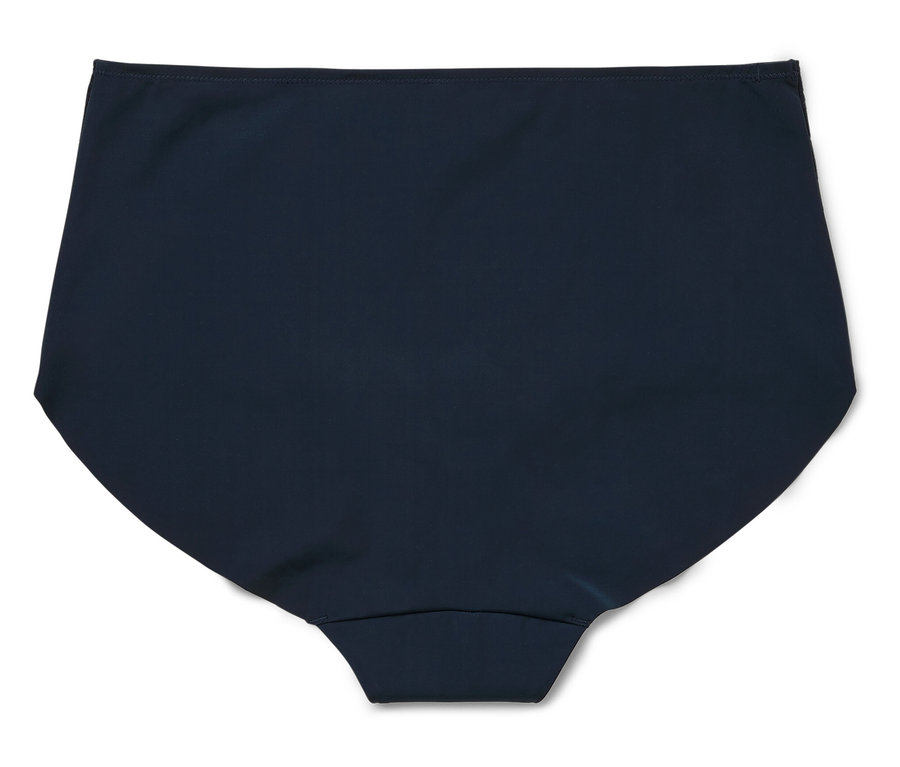 Culotte de bikini taille haute bleu marine sur fond blanc.