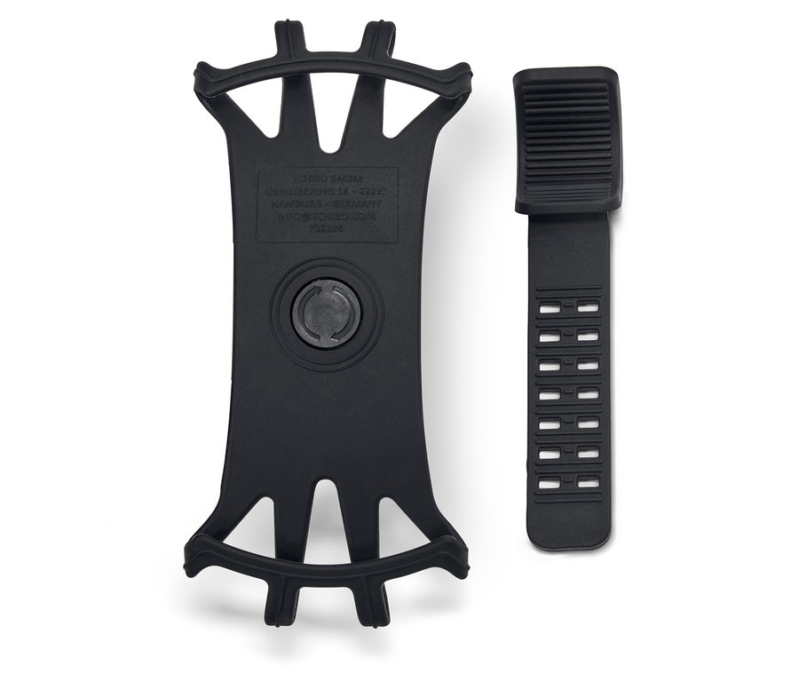 Support de téléphone noir et bracelet sur fond blanc.