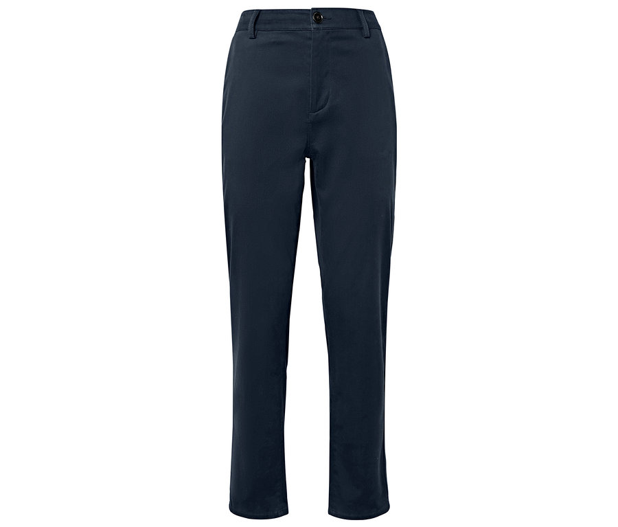 Un pantalon en tissu bleu marine posé sur un fond blanc.