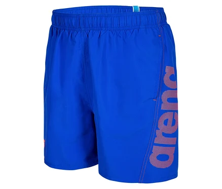 Short de bain bleu avec lettrage Arena orange.
