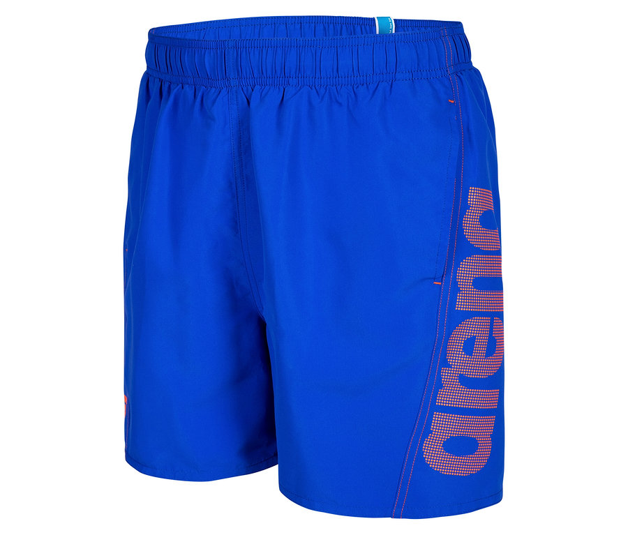 Short de bain bleu avec lettrage Arena orange.
