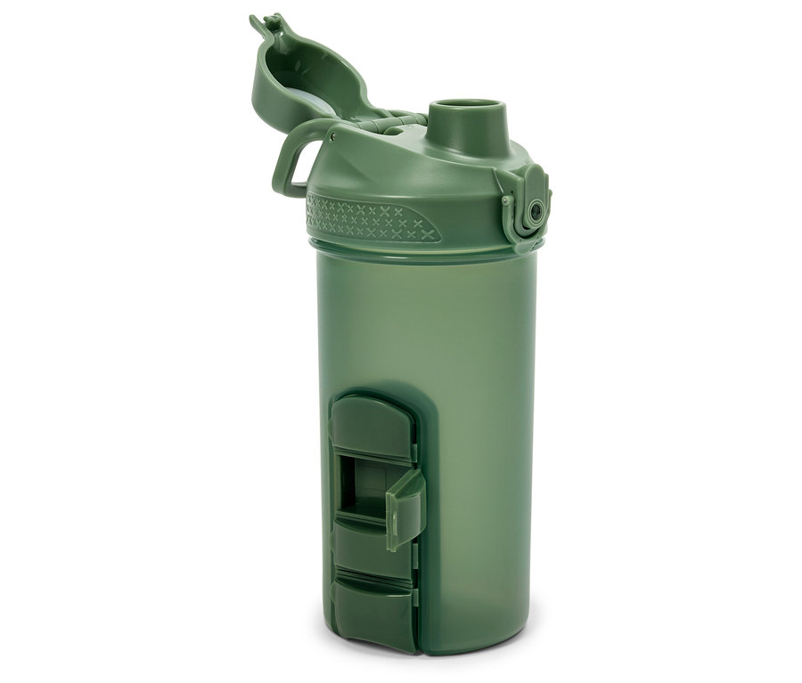 Bouteille d'eau verte avec couvercle ouvert et compartiment.