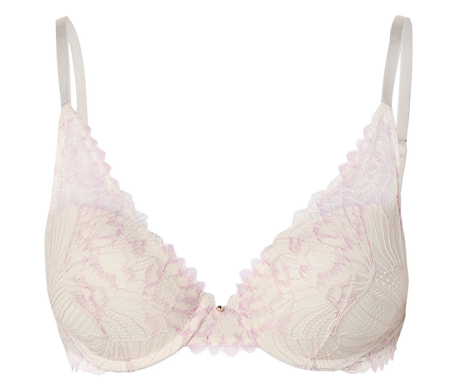 Soutien-gorge ivoire avec de délicates dentelles roses et des bretelles argentées.