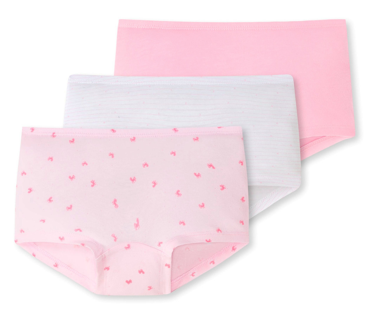 Trois culottes pour enfant SCHIESSER empilées: une rose unie, une blanche à rayures roses et une rose à petits motifs de licornes.