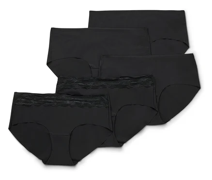 Cinq culottes Magic Cut noires, celle de devant avec une bordure en dentelle noire à la taille.