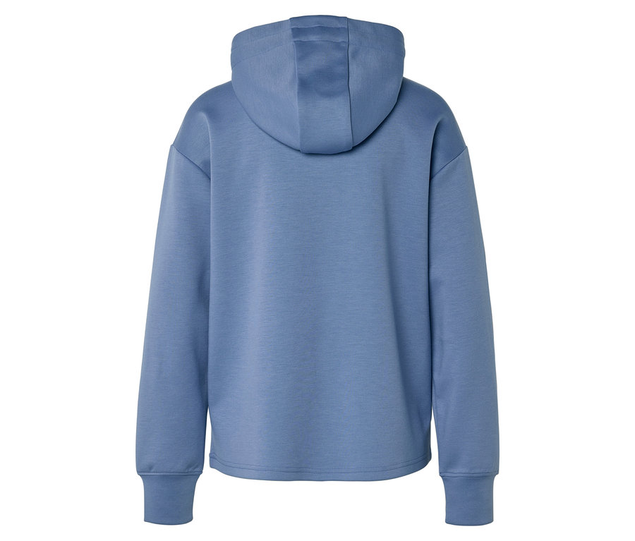 Vue arrière d'un sweat à capuche bleu clair à manches longues.