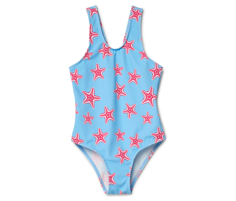 Un maillot de bain bleu avec des étoiles de mer rouges.