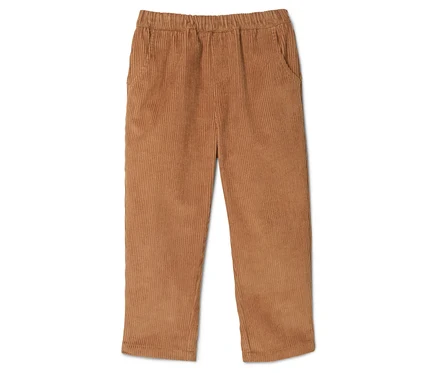 Un pantalon en velours côtelé marron clair avec une taille élastique, posé sur un fond blanc.