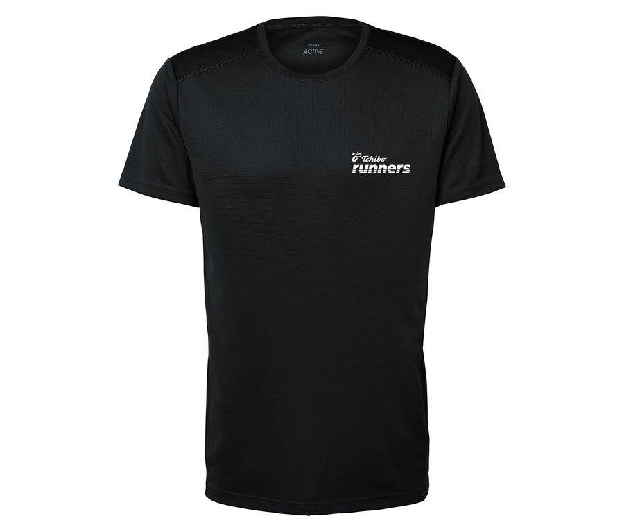 T-shirt foncé à manches courtes avec l'inscription "Tchibo runners" sur la poitrine.