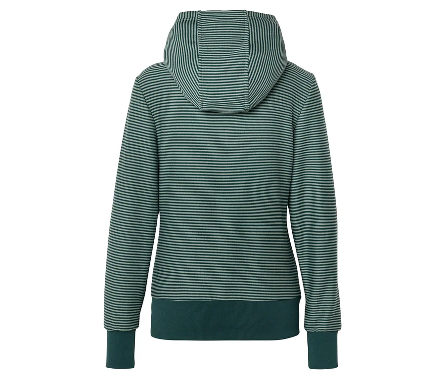 Vue arrière d'un sweat à capuche rayé vert et gris avec capuche et manches longues.