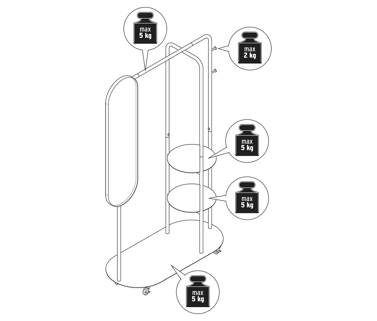Un porte-manteau sur roulettes avec un grand miroir est présenté.