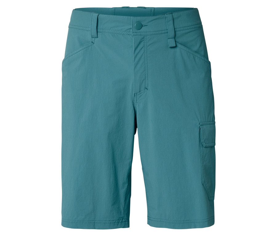 Un short d’extérieur turquoise avec des poches est visible sur fond blanc.